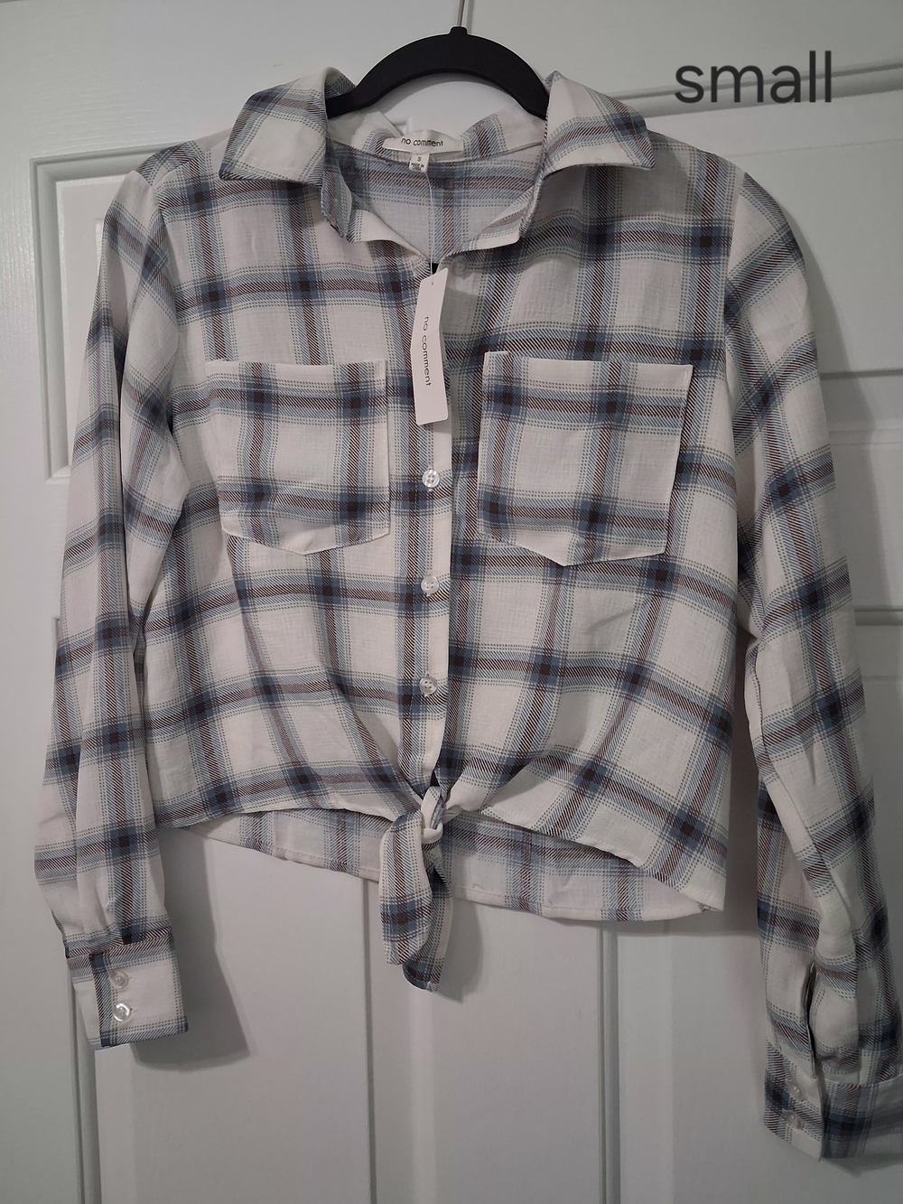 Button-Front Plaid Tie-Front Shirt - Blue & Brown